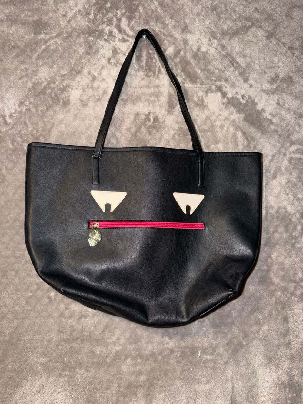 Luv Betsey Black Faux Leather Monster Face Tote Bag with Pink Zipper